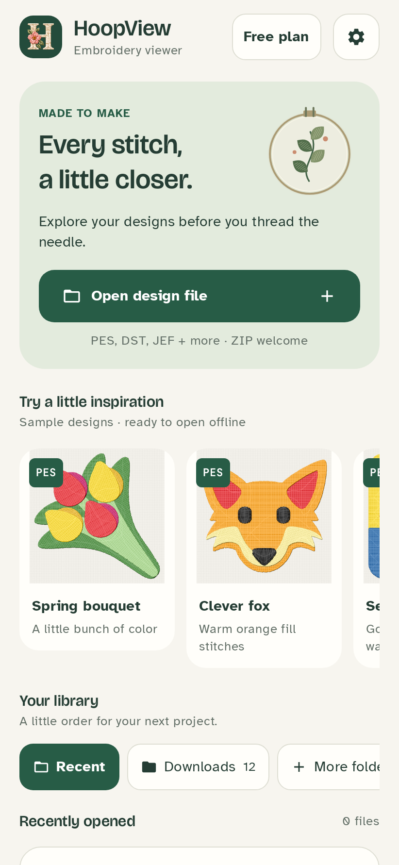 HoopView library screen with sample designs and linked folders
