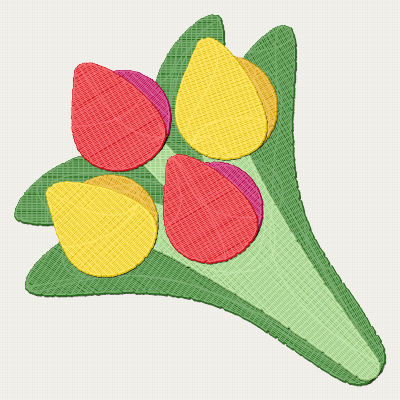 Colorful embroidered tulip bouquet with visible thread texture